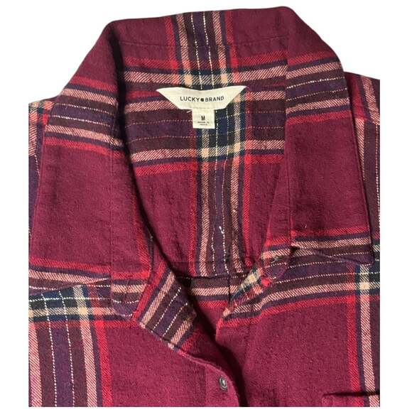 Lucky Brand Womens Burgundy Plaid Metallic Long Sleeve Flannel Shirt Size M - Picture 4 of 7
